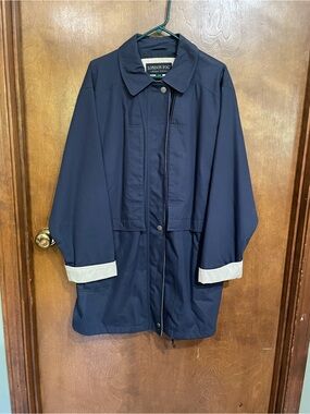 London Fog Navy Jacket with Cream Trim and Teal Hanger Accent